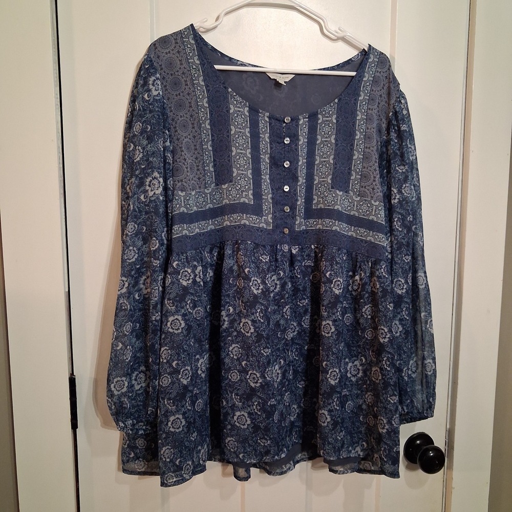 Lucky Brand Blouse Womens 3X Blue Floral Sheer Babydoll Boho Peasant Top 7QP4623